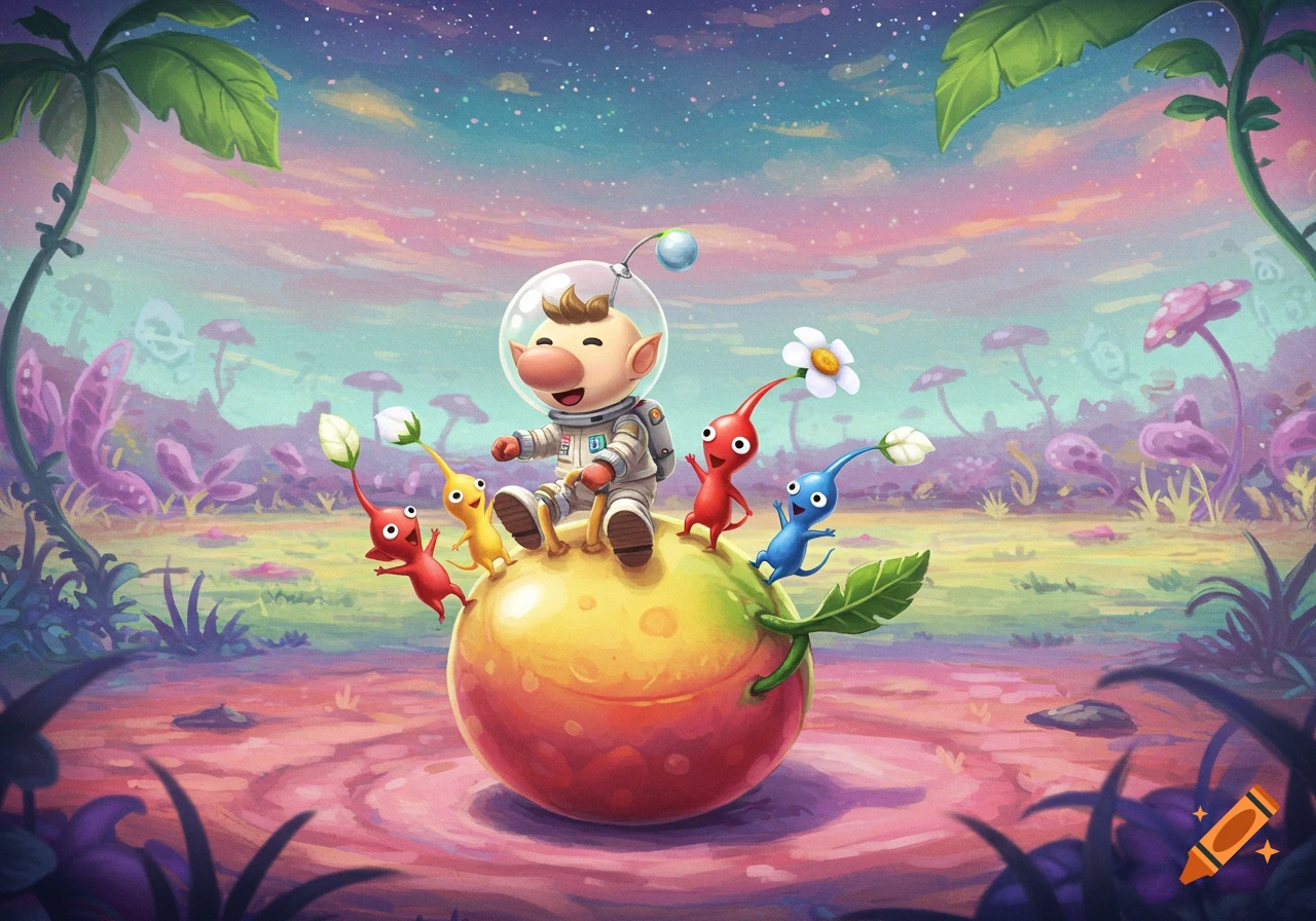 Olimar sits on a large red and yellow fruit, surrounded by red, yellow, and blue Pikmin, in a colorful alien landscape.