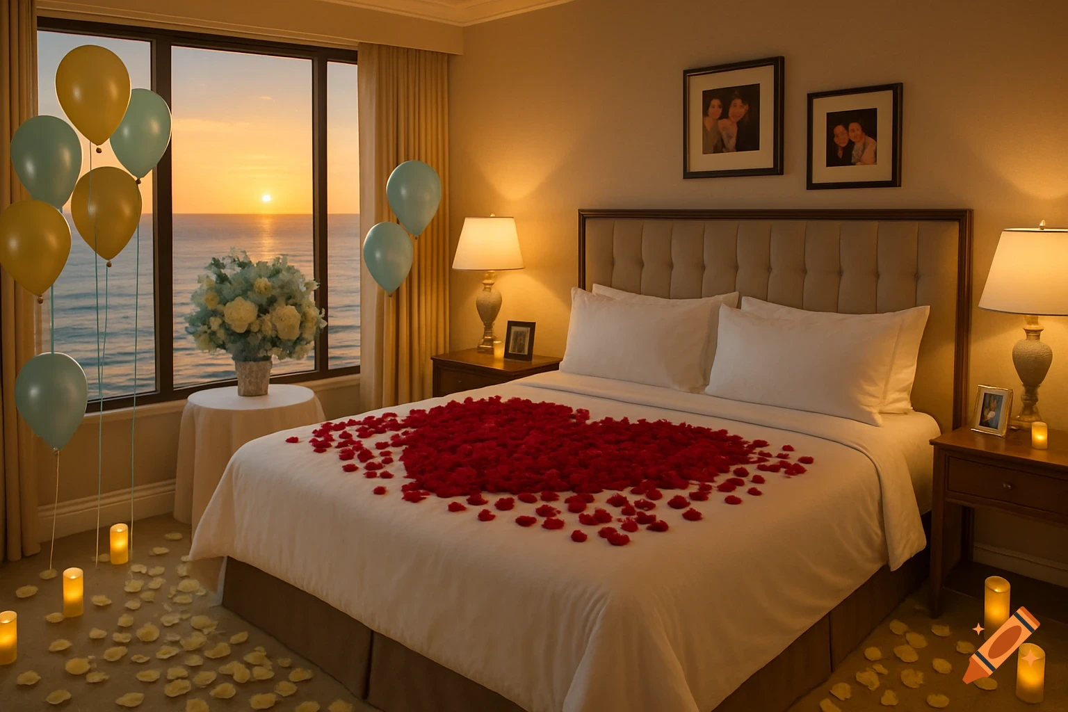 A romantic hotel room with a king-size bed covered in red rose petals, surrounded by balloons, candles, and a flower arrangement, overlooking an ocean sunset.
