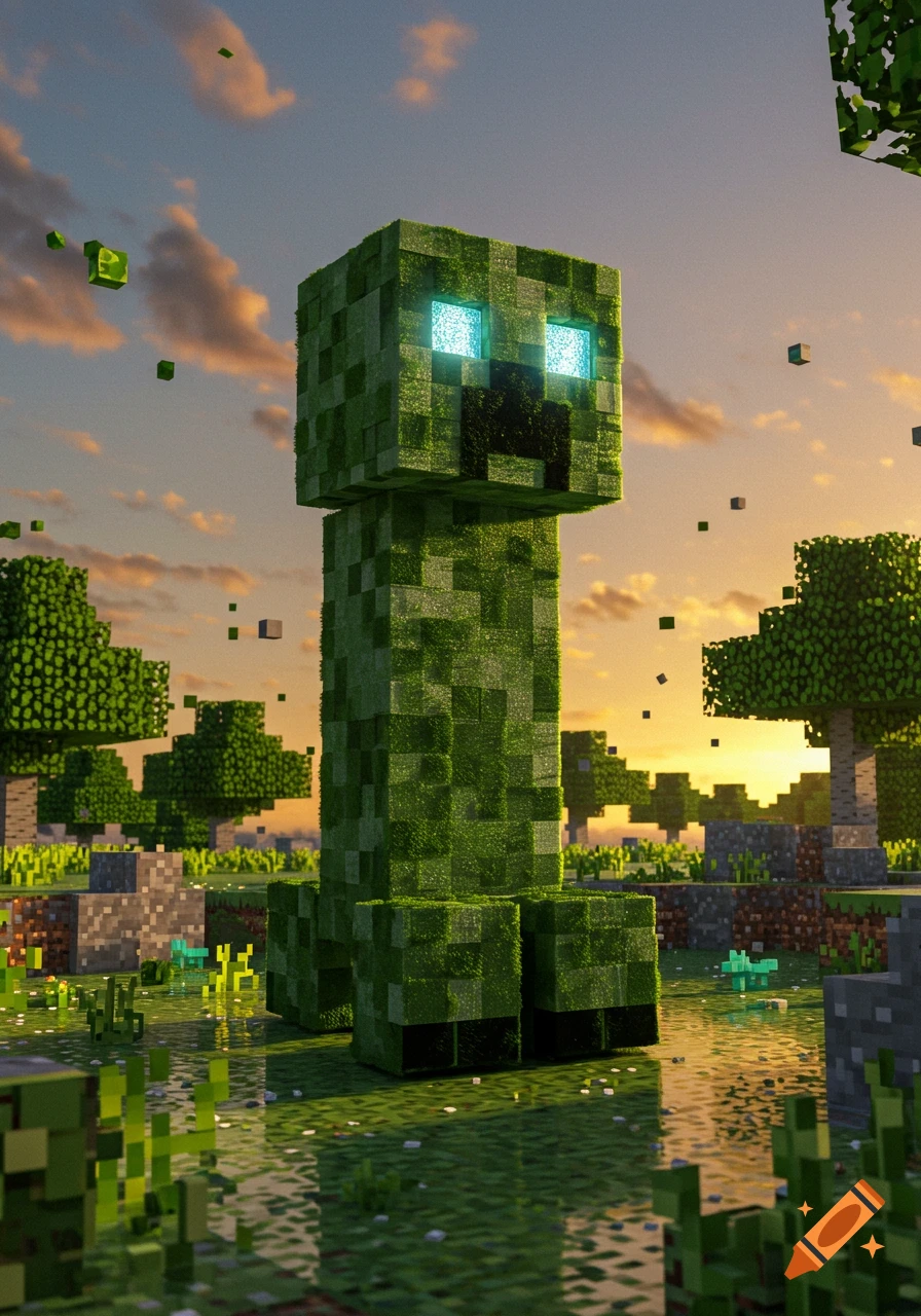 A realistic Minecraft Creeper stands in a blocky, grassy landscape with trees and water under a vibrant sunset sky.