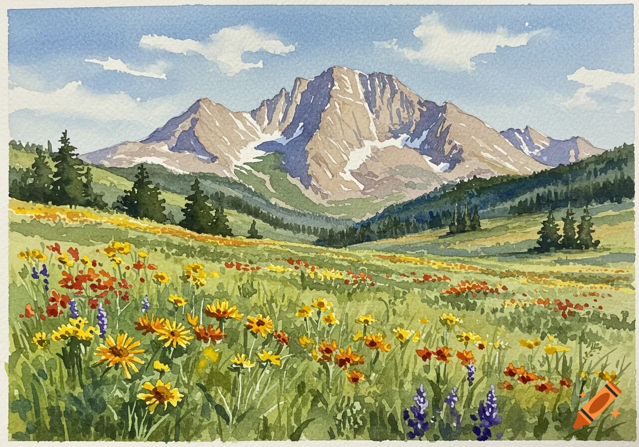 Watercolor painting of Longs Peak, Colorado, above a meadow filled with yellow, red, and purple wildflowers.