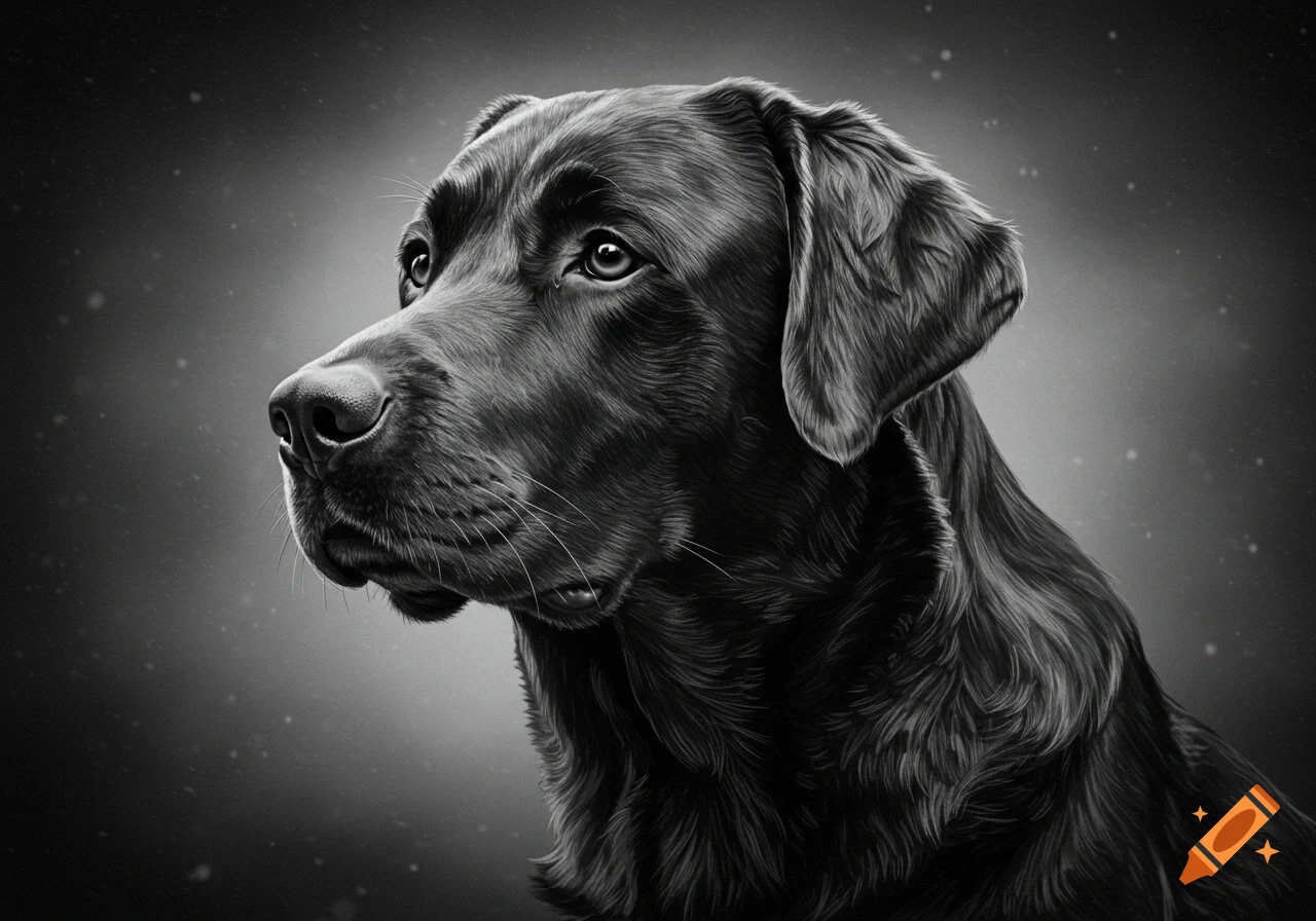 A close-up black and white portrait of a Labrador retriever looking to the left with a blurred, slightly speckled background.
