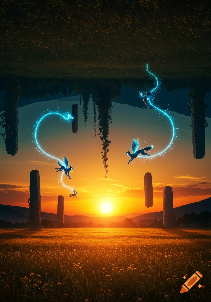 Winged fox-like creatures fly with glowing trails between an inverted field and a sunset landscape with floating monoliths.