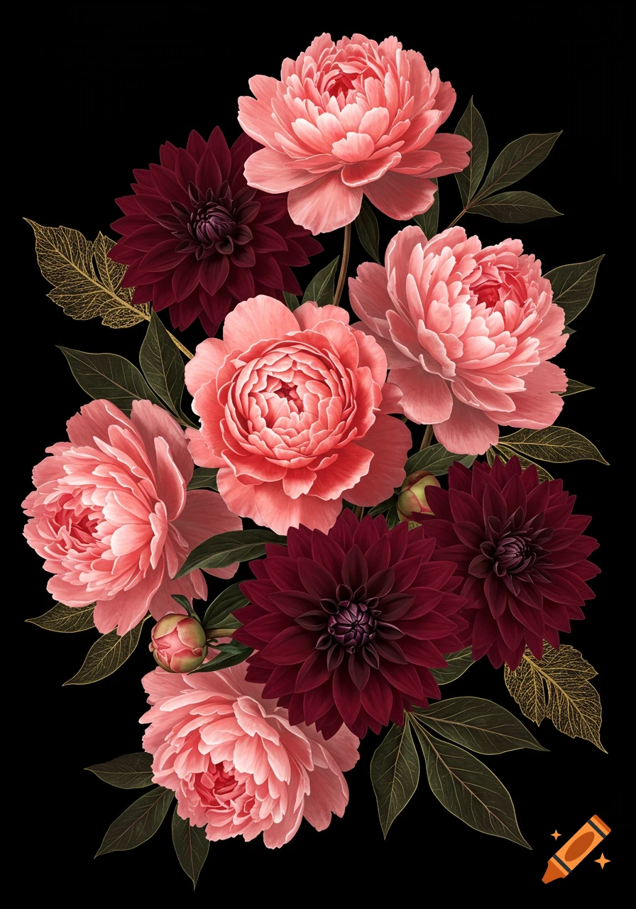 Vibrant pink peonies and deep red dahlias with dark green leaves featuring gold veins, arranged against a black background.