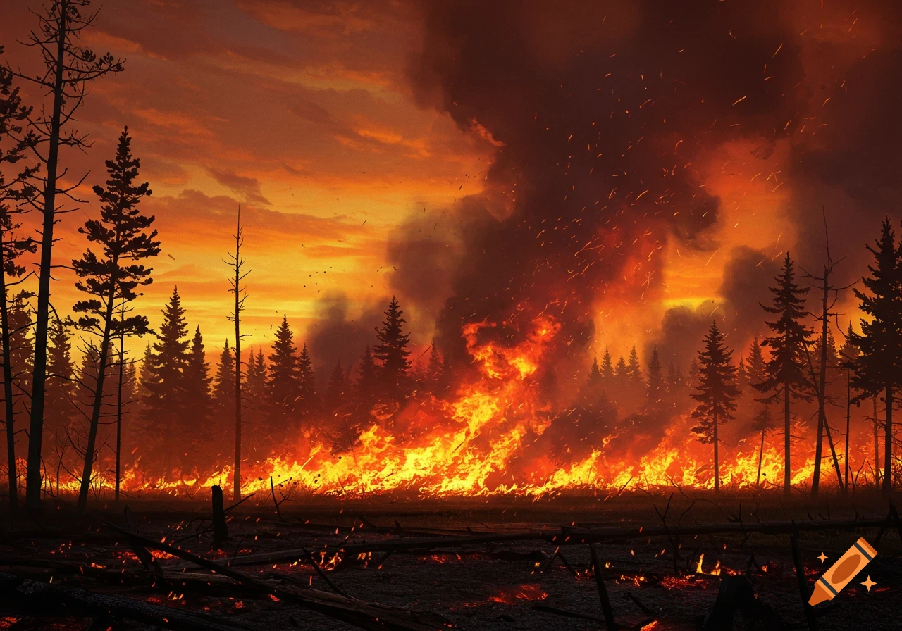 A dramatic photorealistic image of a forest fire, with intense orange flames, smoke, and burning trees under a fiery sky.
