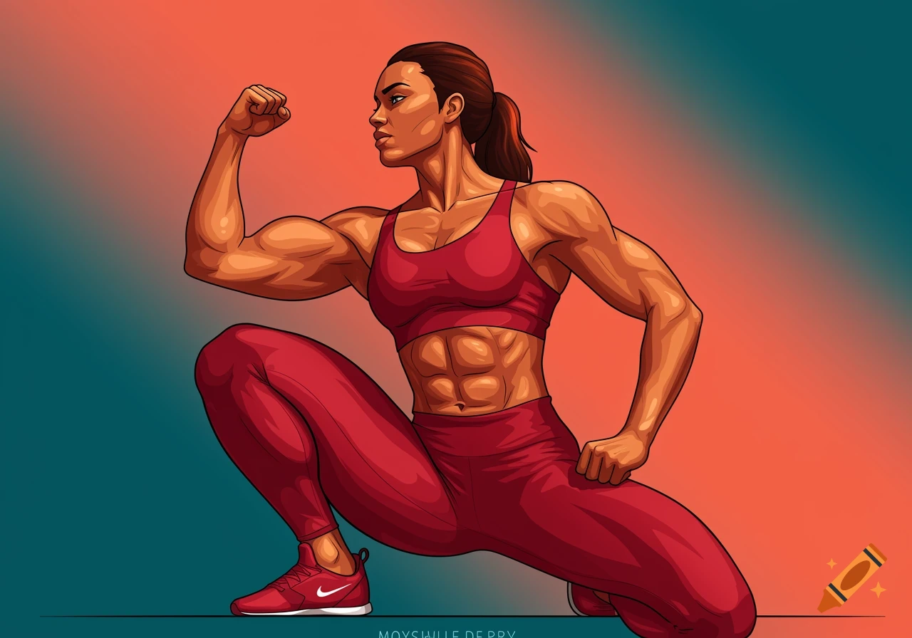 A muscular woman in a red sports bra and leggings squats, flexing her bicep in a vector illustration.