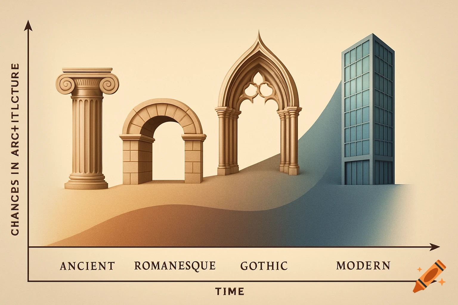A timeline chart showing architectural evolution from ancient columns to Romanesque arches, Gothic arches, and a modern building, against a gradient background.