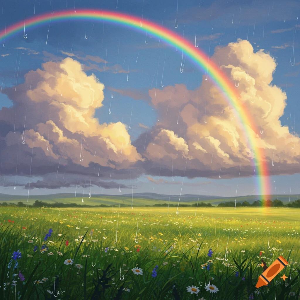 A colorful rainbow arches over a green field with wildflowers under a rainy, cloudy sky in a painterly style.