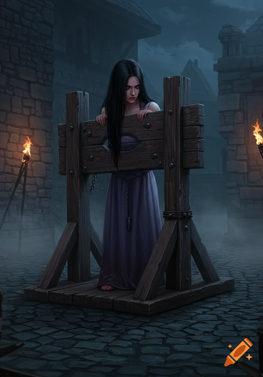 A sad young woman with long dark hair is locked in a wooden pillory in a misty, dark medieval town square.
