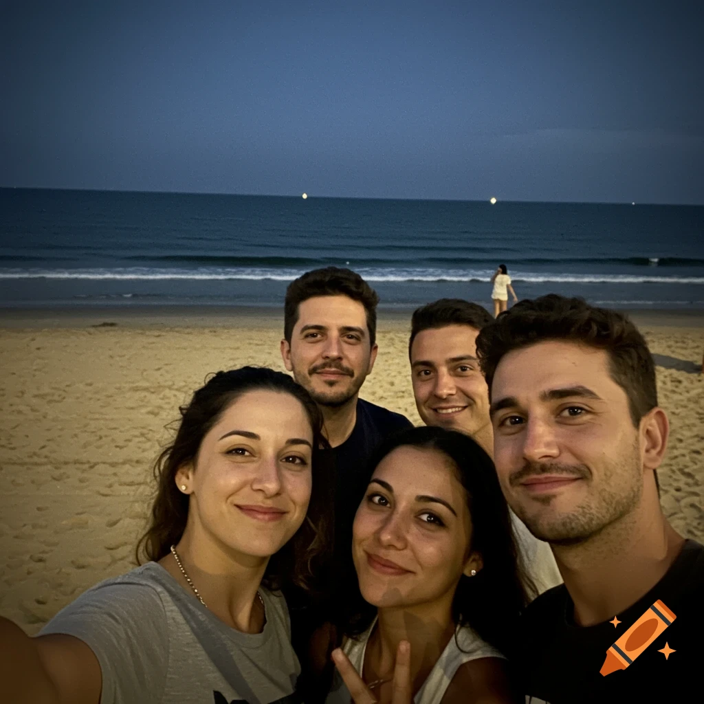 A group of five friends takes a selfie on a dark beach at night, with the ocean in the background.