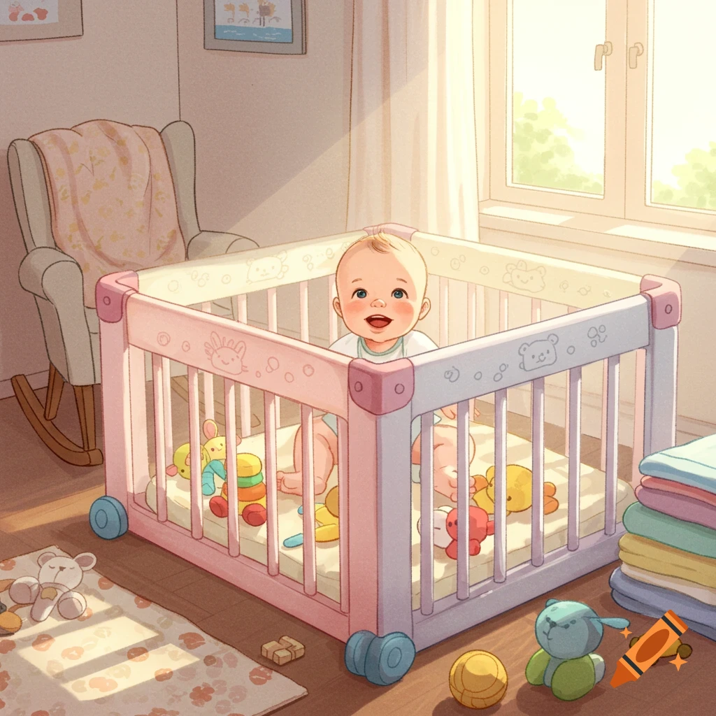 A happy baby with blue eyes sits in a pink and white playpen filled with toys in a brightly lit nursery with a rocking chair and window.