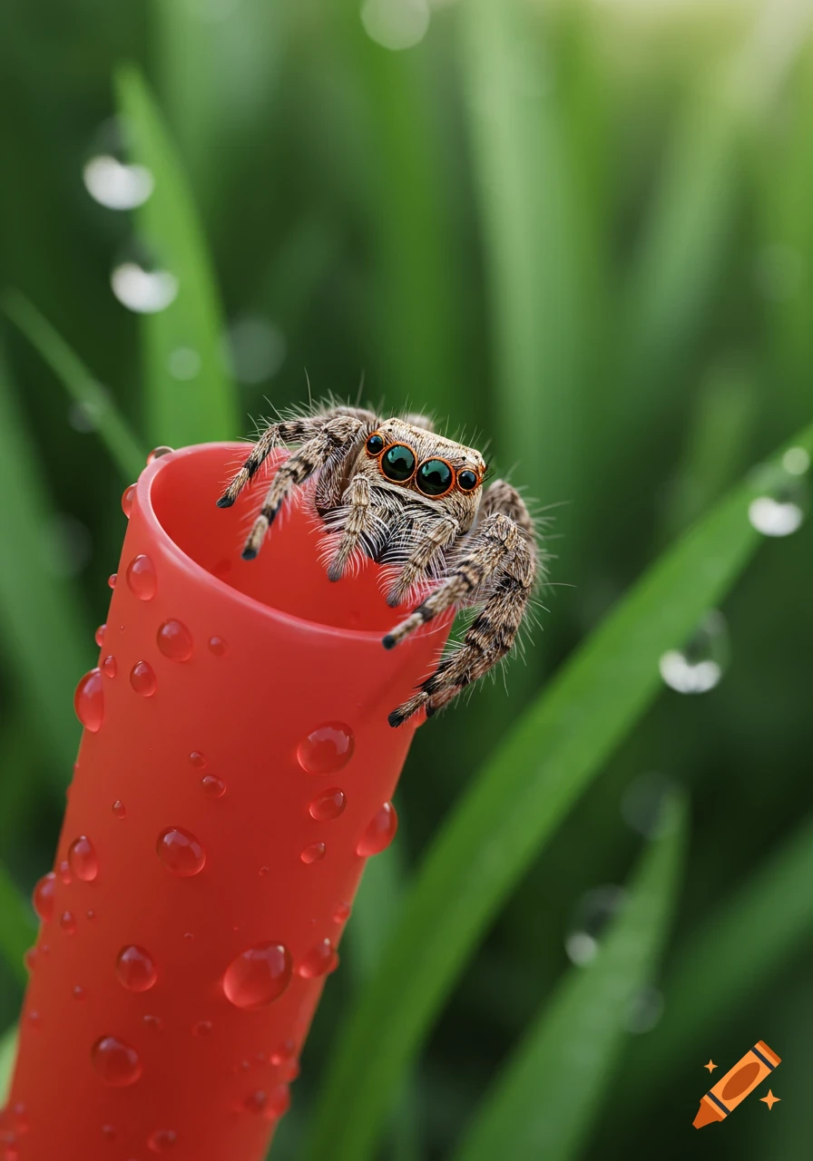A fluffy jumping spider with large green eyes sits on a red tube covered in water droplets, against a blurred green background.