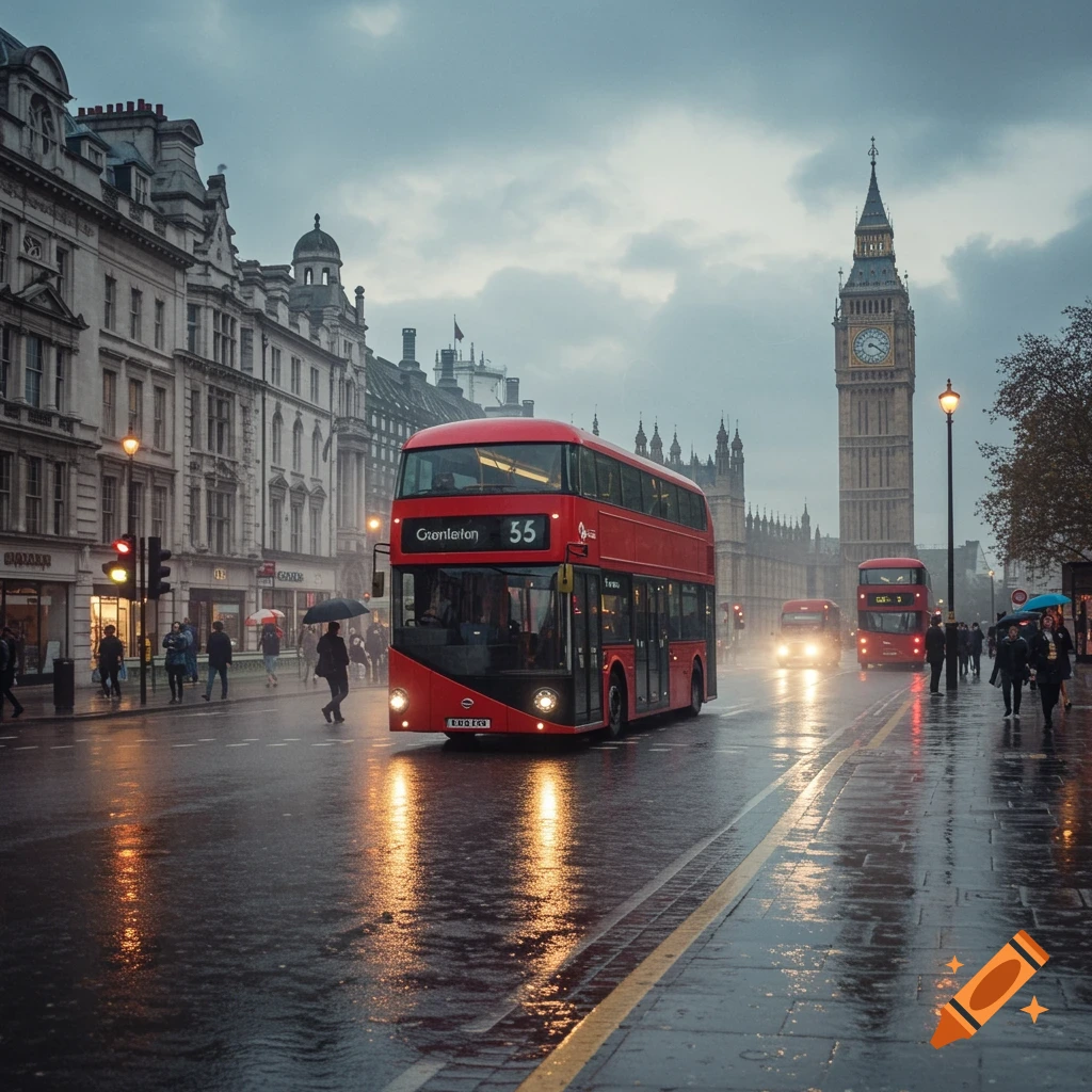 Red double-decker bus drives down a wet London street with Big Ben in the background on a cloudy, rainy day.