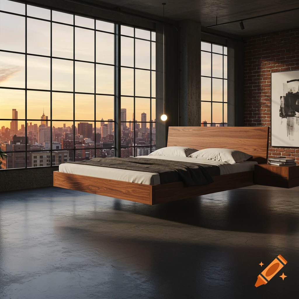 A modern bedroom with a floating wooden bed frame, large windows overlooking a city at sunset, and an exposed brick wall.