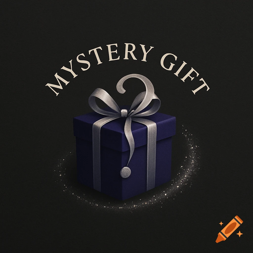 A dark blue gift box with a silver ribbon and bow sits on a dark background with sparkling glitter. Above it, the text "MYSTERY GIFT" is arced.