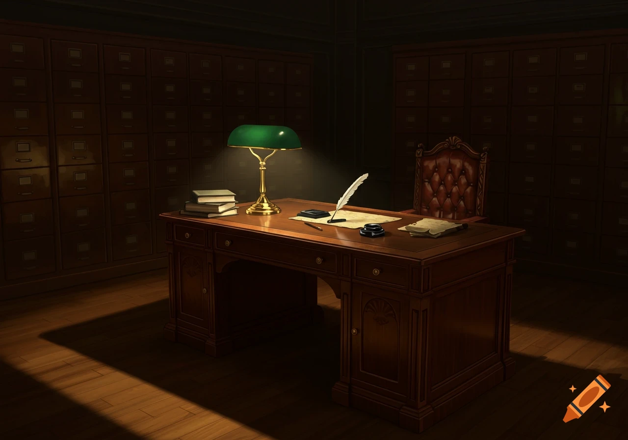 A dimly lit, vintage-style library office with a large mahogany desk, green banker's lamp, and file cabinets.