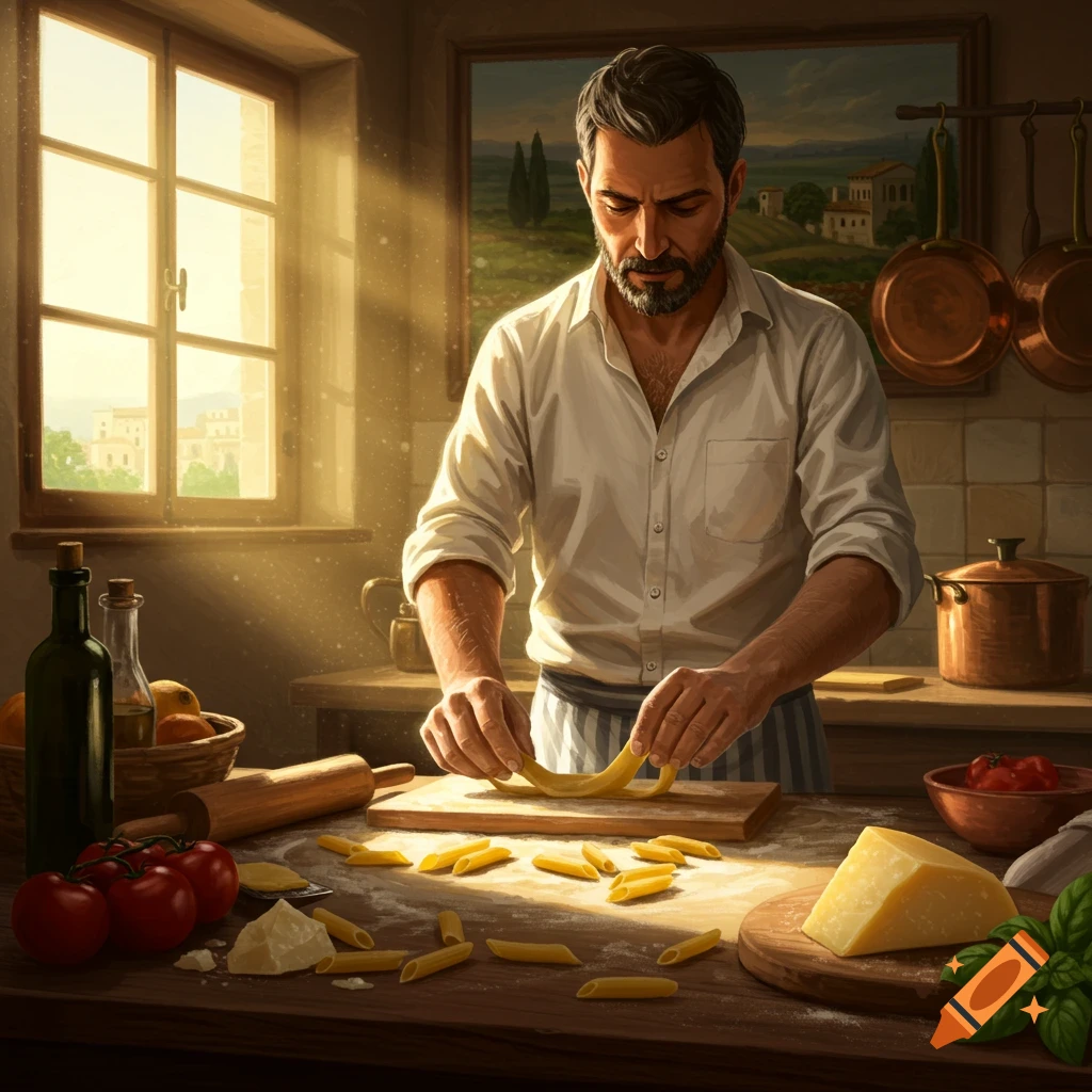 A man in a rustic, sunlit kitchen making penne pasta by hand, with ingredients like tomatoes and cheese on the wooden counter.