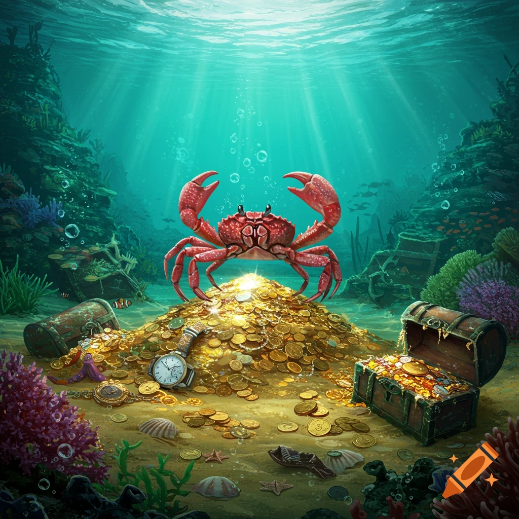 A detailed illustration of a red crab standing on a glittering pile of gold coins and treasure, including an open chest and a watch, at the bottom of a tropical ocean with light rays shining through the water.