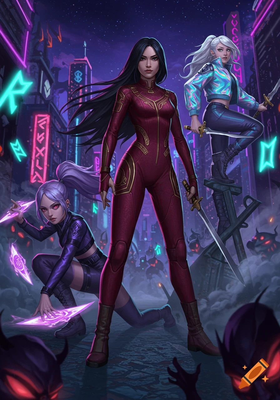 Three female demon hunters, two with weapons, stand in a neon-lit cyberpunk city at night with shadowy creatures in the foreground.