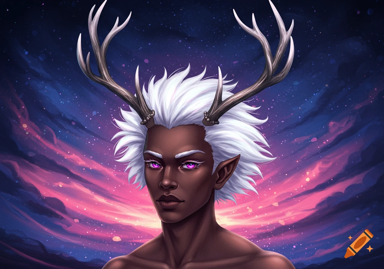 A male anime character with dark skin, white spiky hair, antlers, and glowing magenta eyes against a vibrant cosmic background.