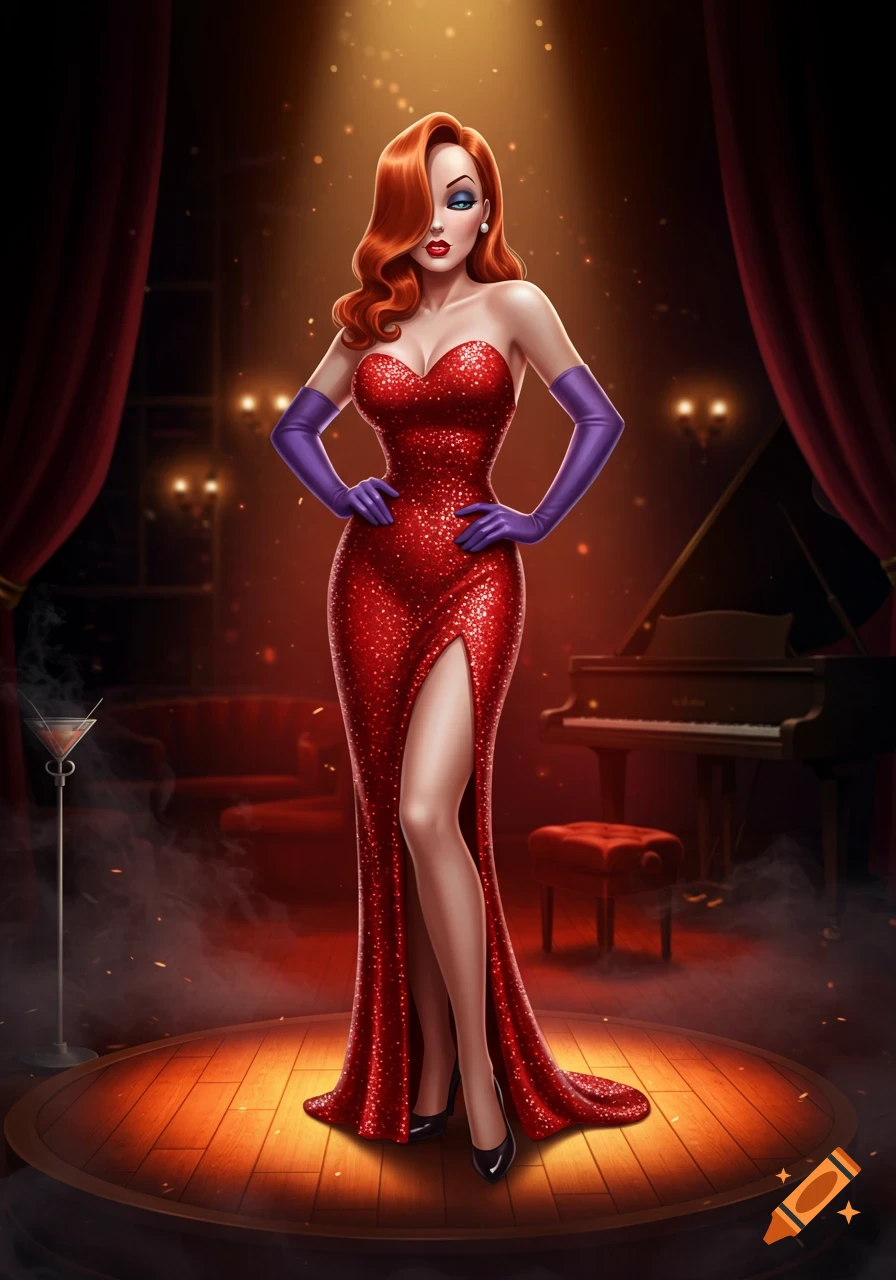 A full-body illustration of Jessica Rabbit wearing a sparkly red gown with a high slit and purple gloves, standing on a spotlighted stage with a piano and red curtains in the background.