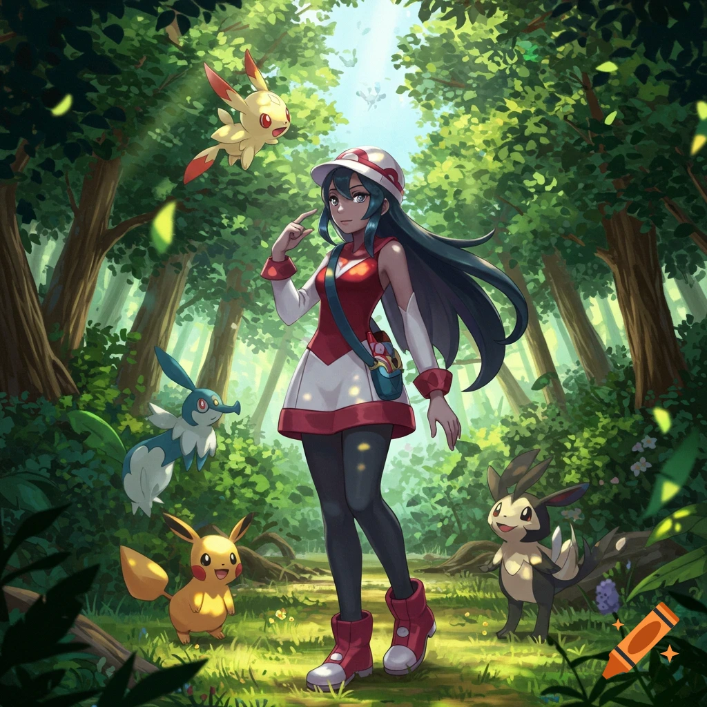 An anime girl in a red and white outfit stands in a lush forest with several Pok emon, including Pichu.