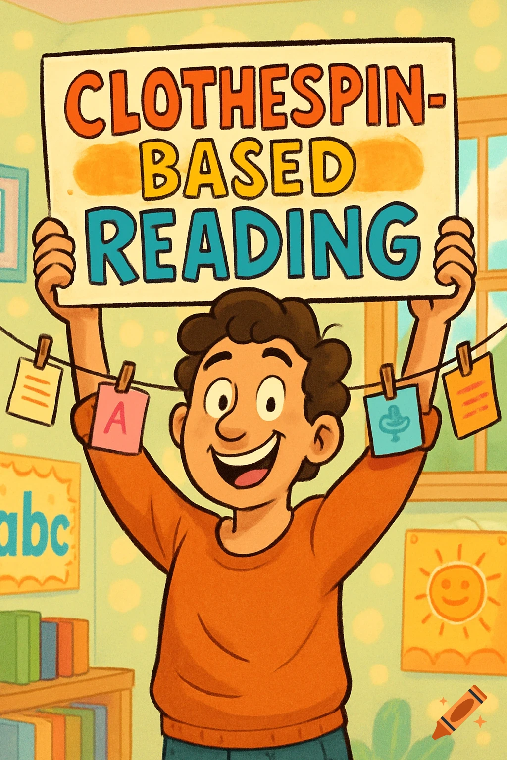 A happy cartoon child holds up a sign that reads "CLOTHESPIN-BASED READING" in a colorful classroom.