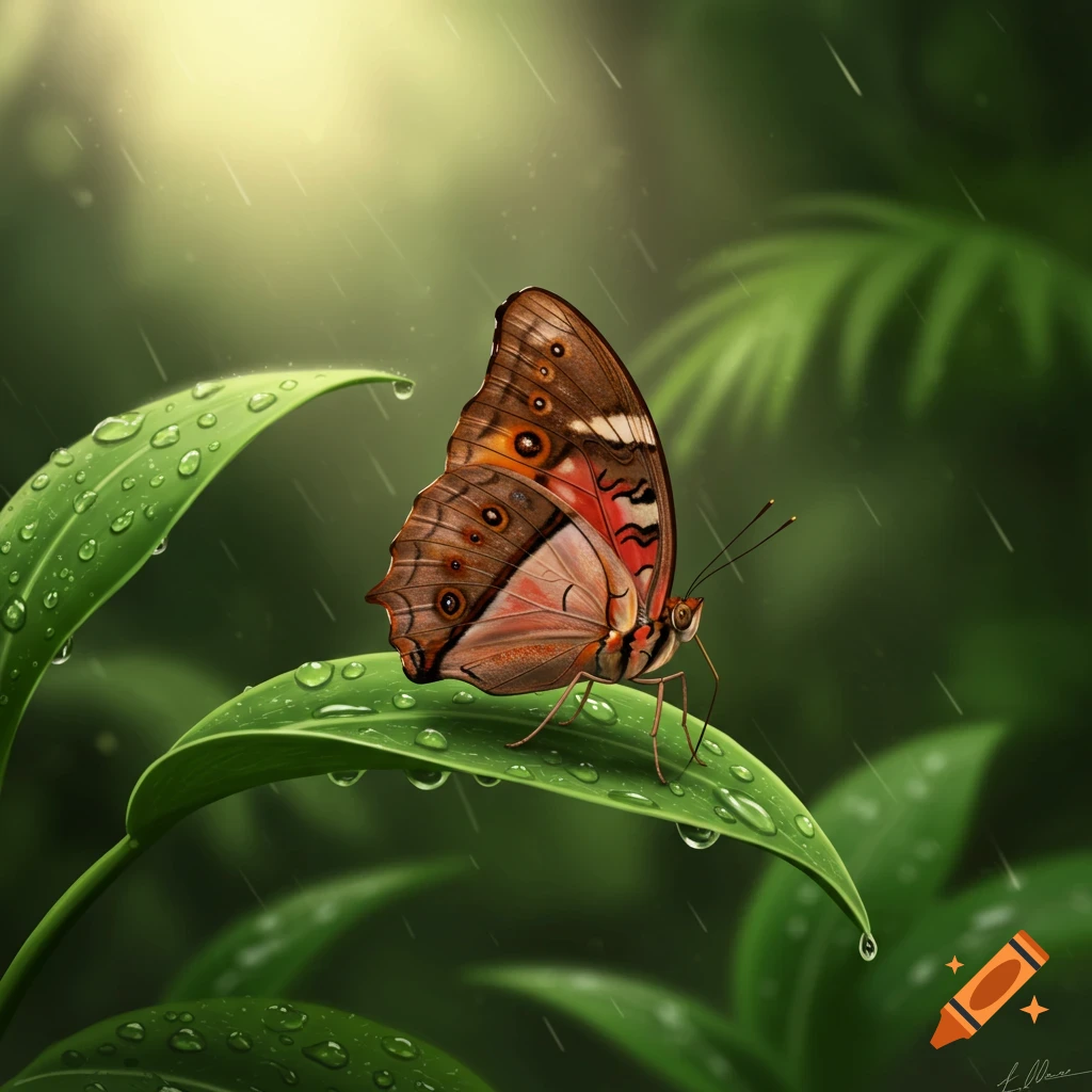 A brown and orange butterfly rests on a green leaf covered in water droplets during a gentle rain, with soft light from above.