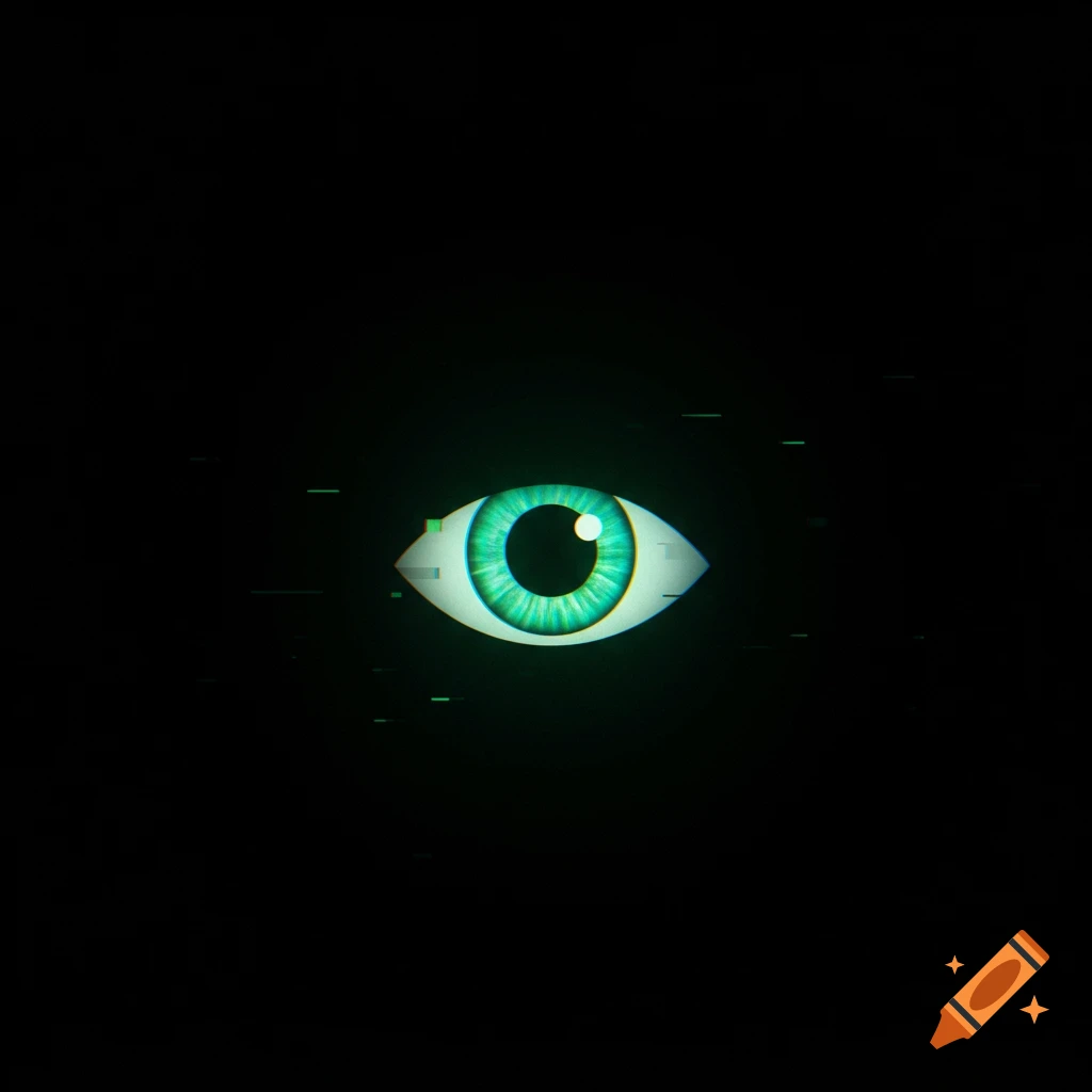 A minimalist, glowing green stylized eye with a digital static glitch effect against a dark background.