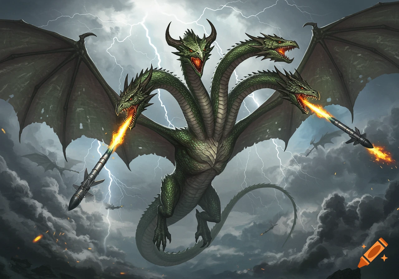 A green five-headed hydra with large wings flies through a stormy sky, firing missiles from its mouths. Lightning flashes around it.