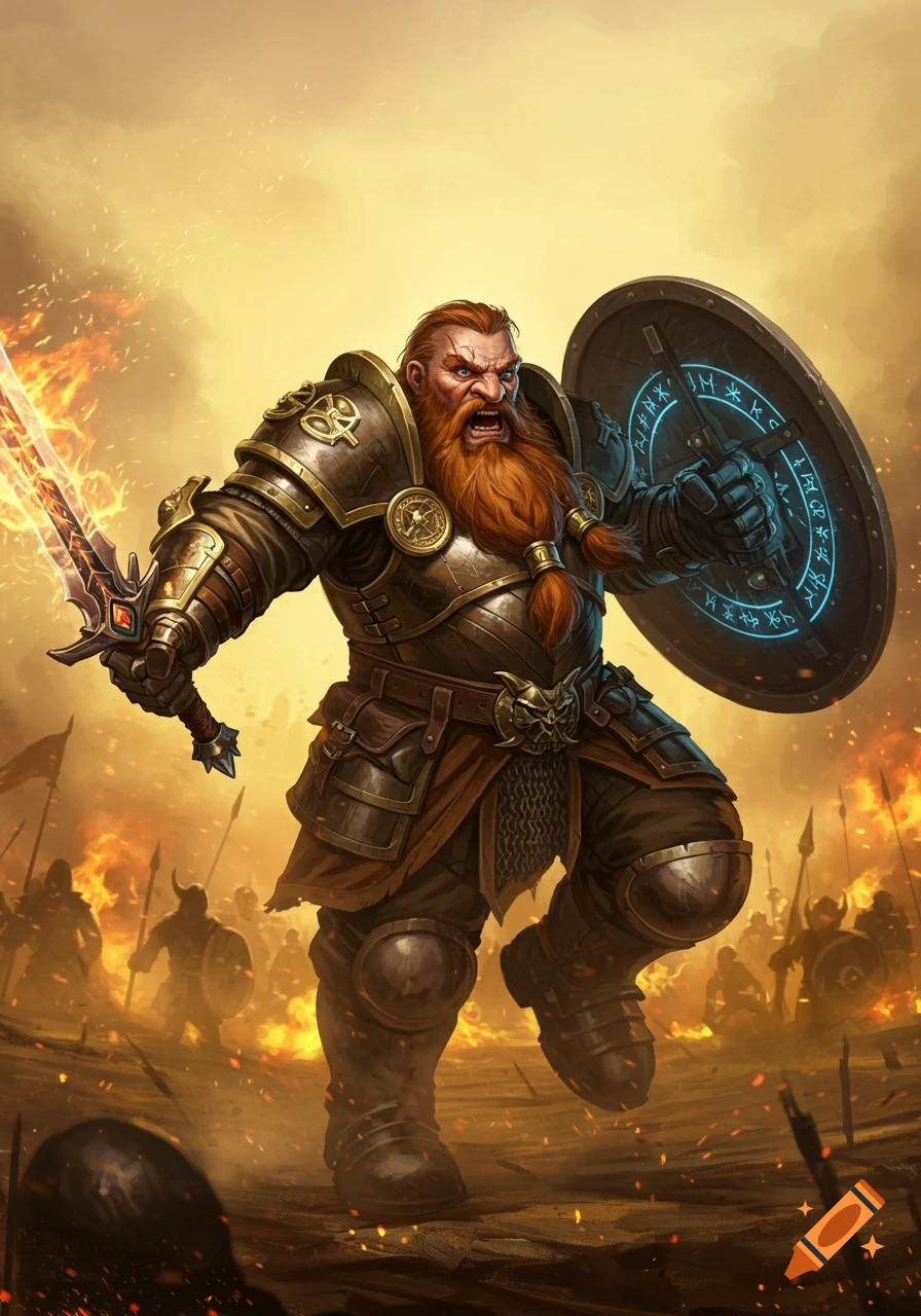 A battle-ready fantasy dwarf warrior charges on a fiery battlefield, holding a glowing sword and a magic shield.