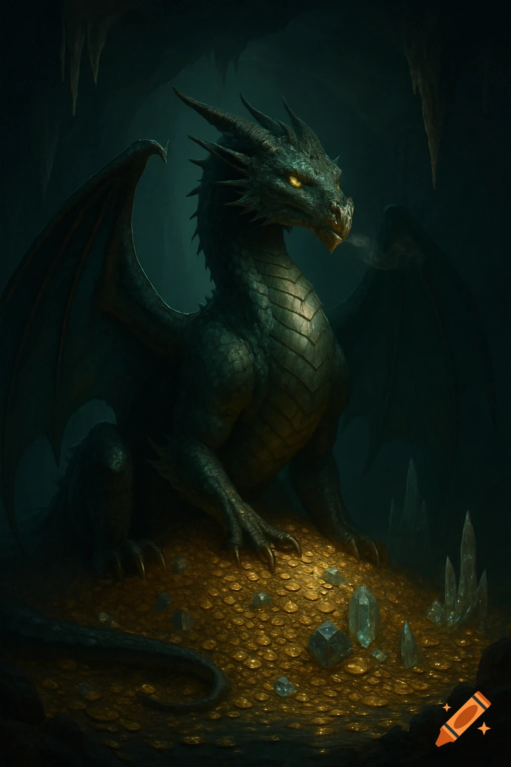 A dark green dragon with glowing yellow eyes sits protectively on a massive pile of gold and crystals in a dimly lit cave, digital painting.