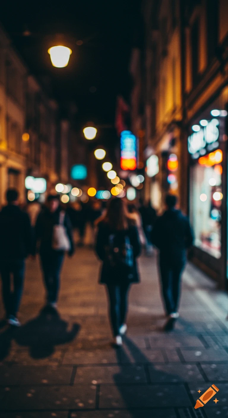 Blurred view of people walking on a city street at night, illuminated by streetlights and shop signs.
