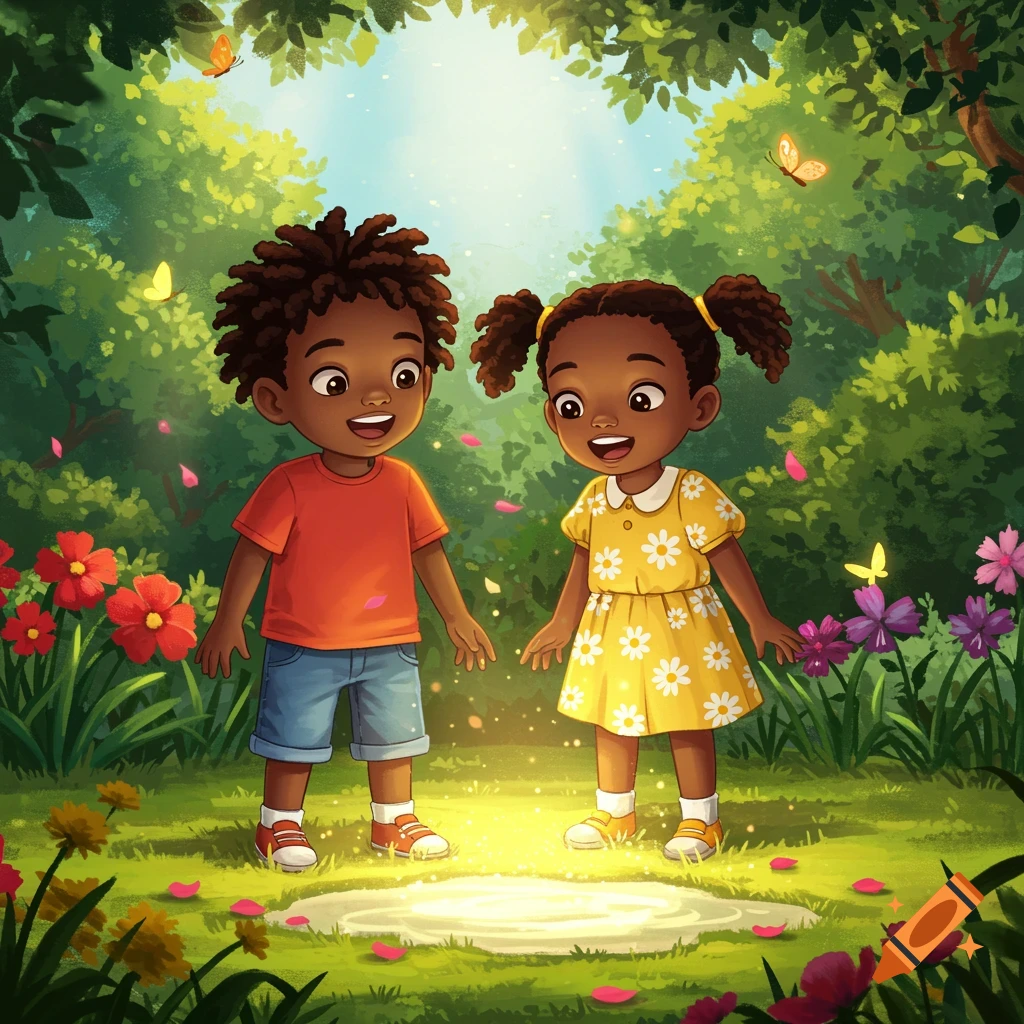 Two young Black children, a boy and a girl, in a vibrant, sunny garden, looking down at a glowing magical puddle and smiling. Cartoon-style.