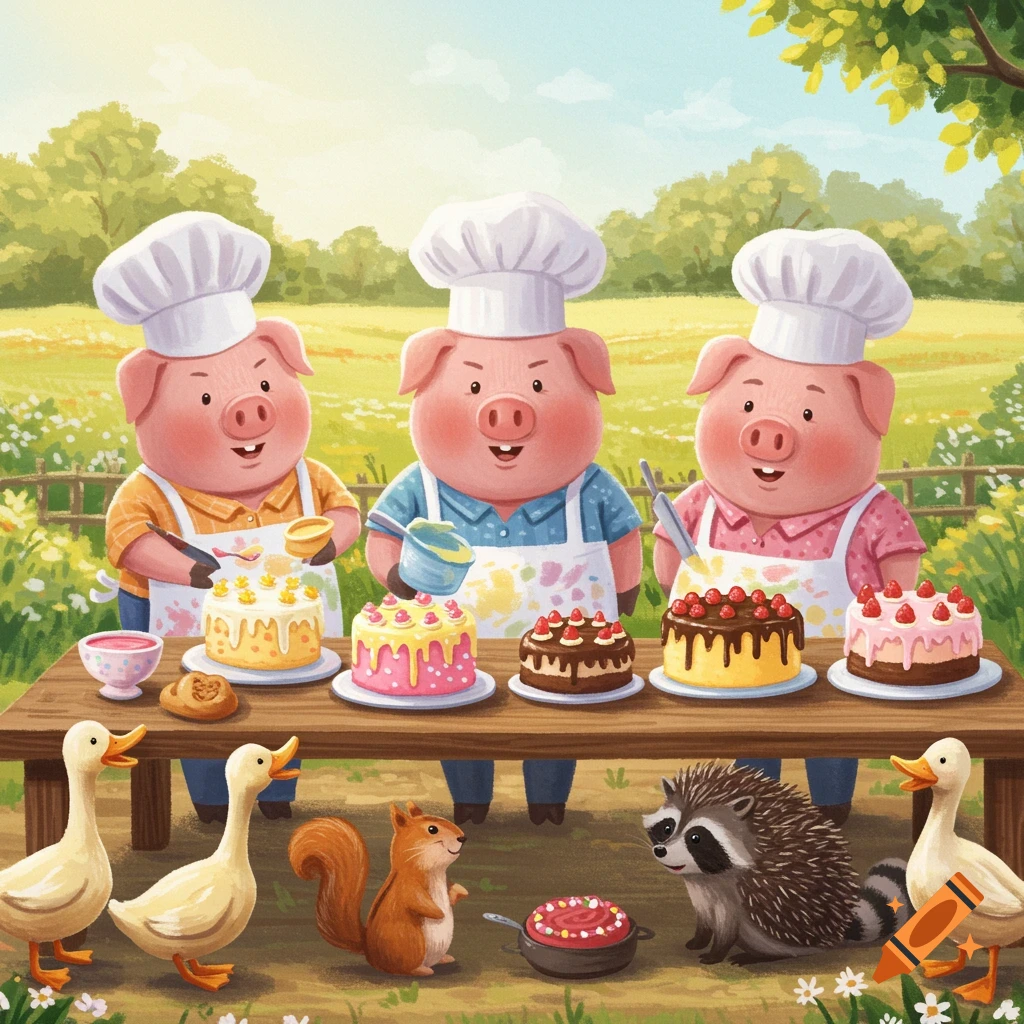 Three cartoon pigs in chef hats bake cakes outdoors on a wooden table, while ducks, a squirrel, and a hedgehog watch below.