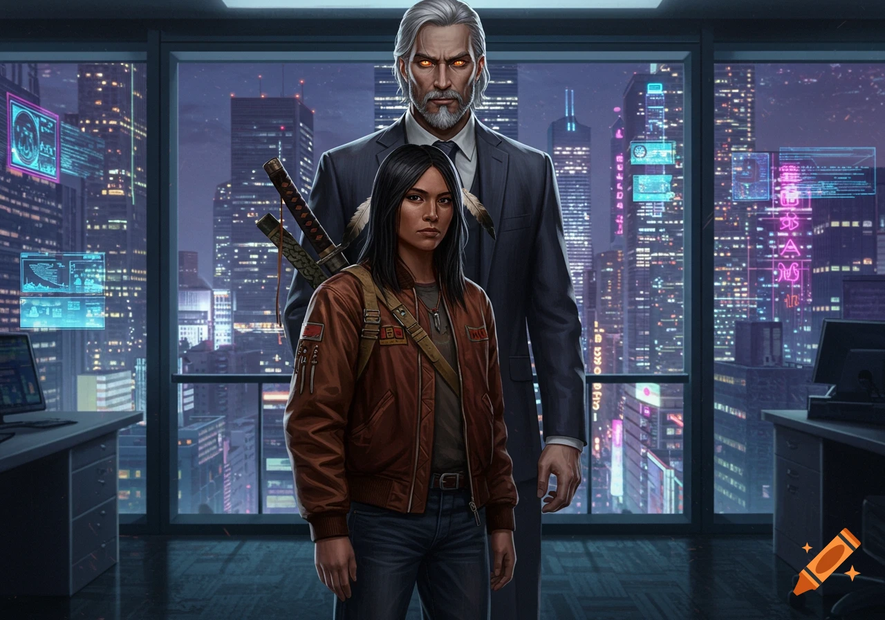 A woman with a katana in a bomber jacket stands in an office with a man with glowing eyes behind her, overlooking a cyberpunk city at night.