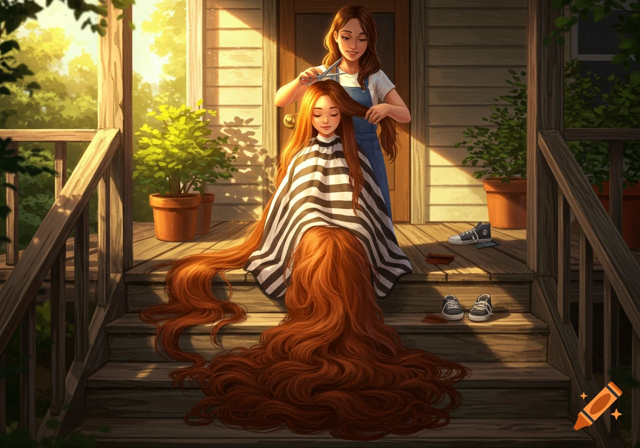 An illustrated scene of a girl with very long red hair getting a haircut by her mom on a sunny wooden porch, with cut hair piled around her.