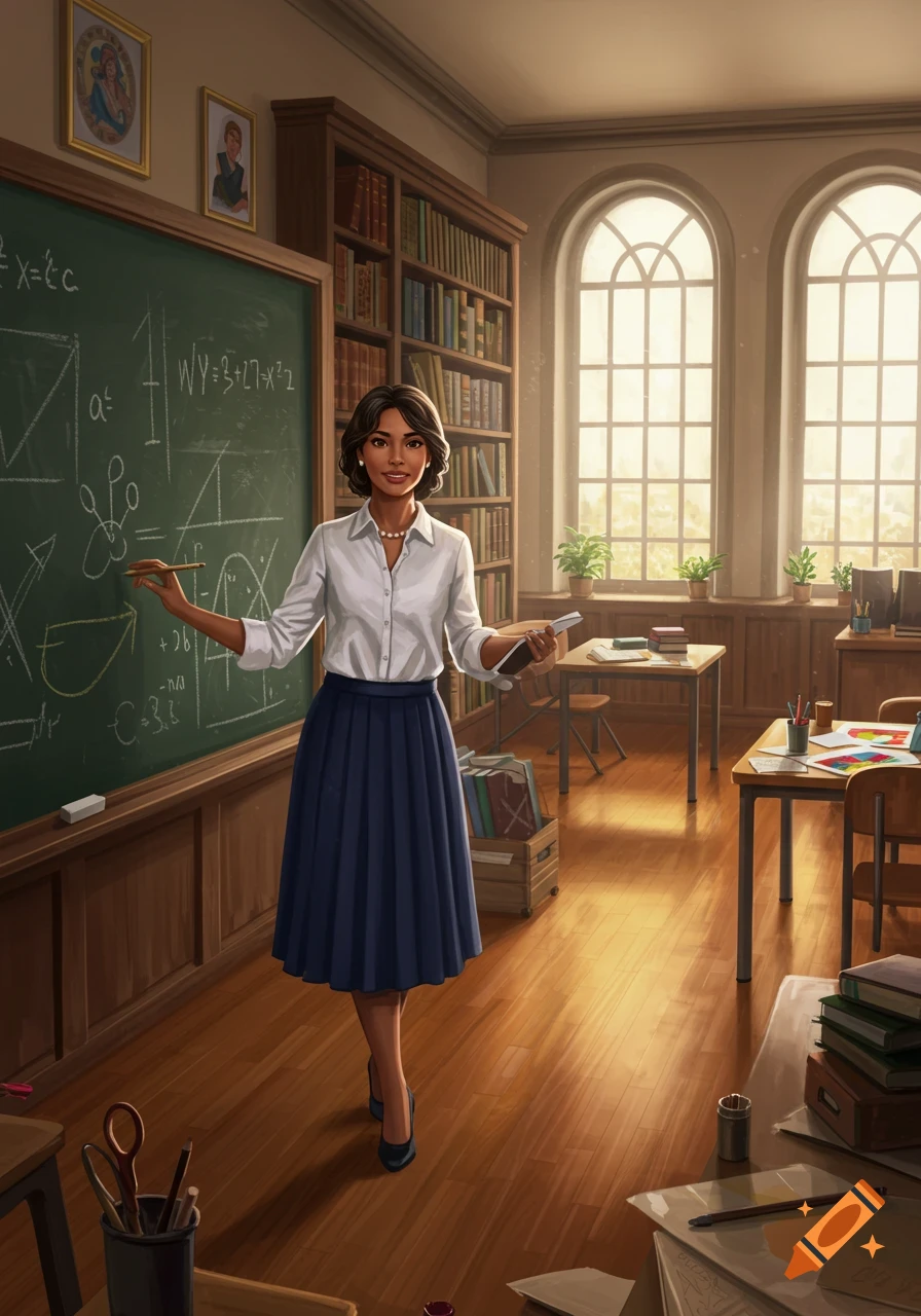 An illustration of a female teacher in a classroom pointing at a blackboard with equations.