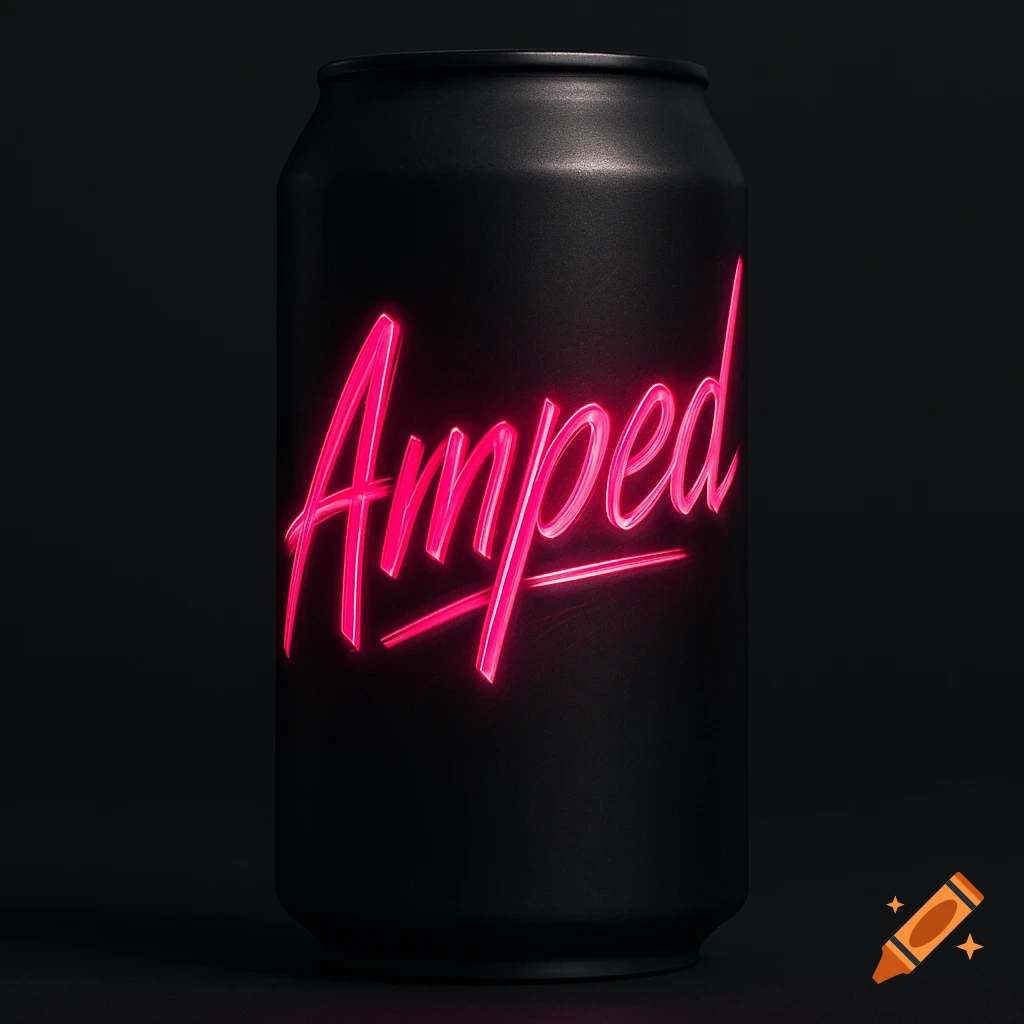 A photorealistic matte black energy drink can with "Amped" written in glowing neon cherry pink text.