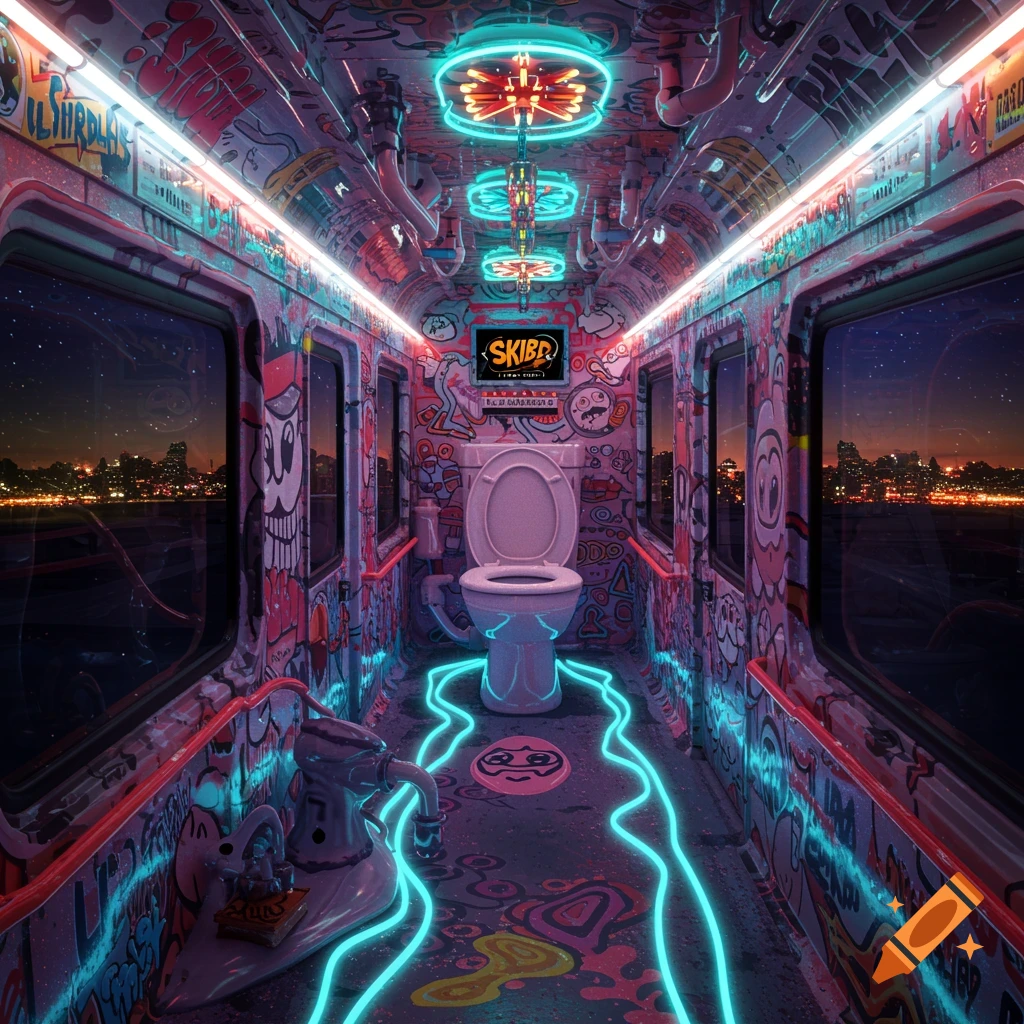A neon-lit, graffiti-covered train car interior at night with a toilet in the center and a city skyline outside the windows, in a vibrant, surreal style.