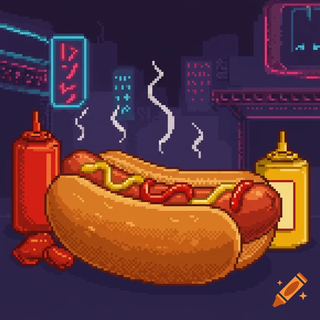 A pixel art hotdog with mustard and ketchup, set against a dark city background with glowing neon signs.