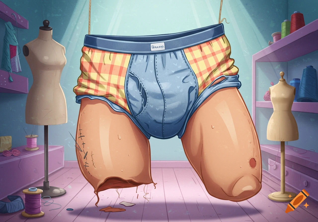 Cartoon illustration of a pair of badly made men's underwear with stitched and torn legs hanging on a string in a sewing room.