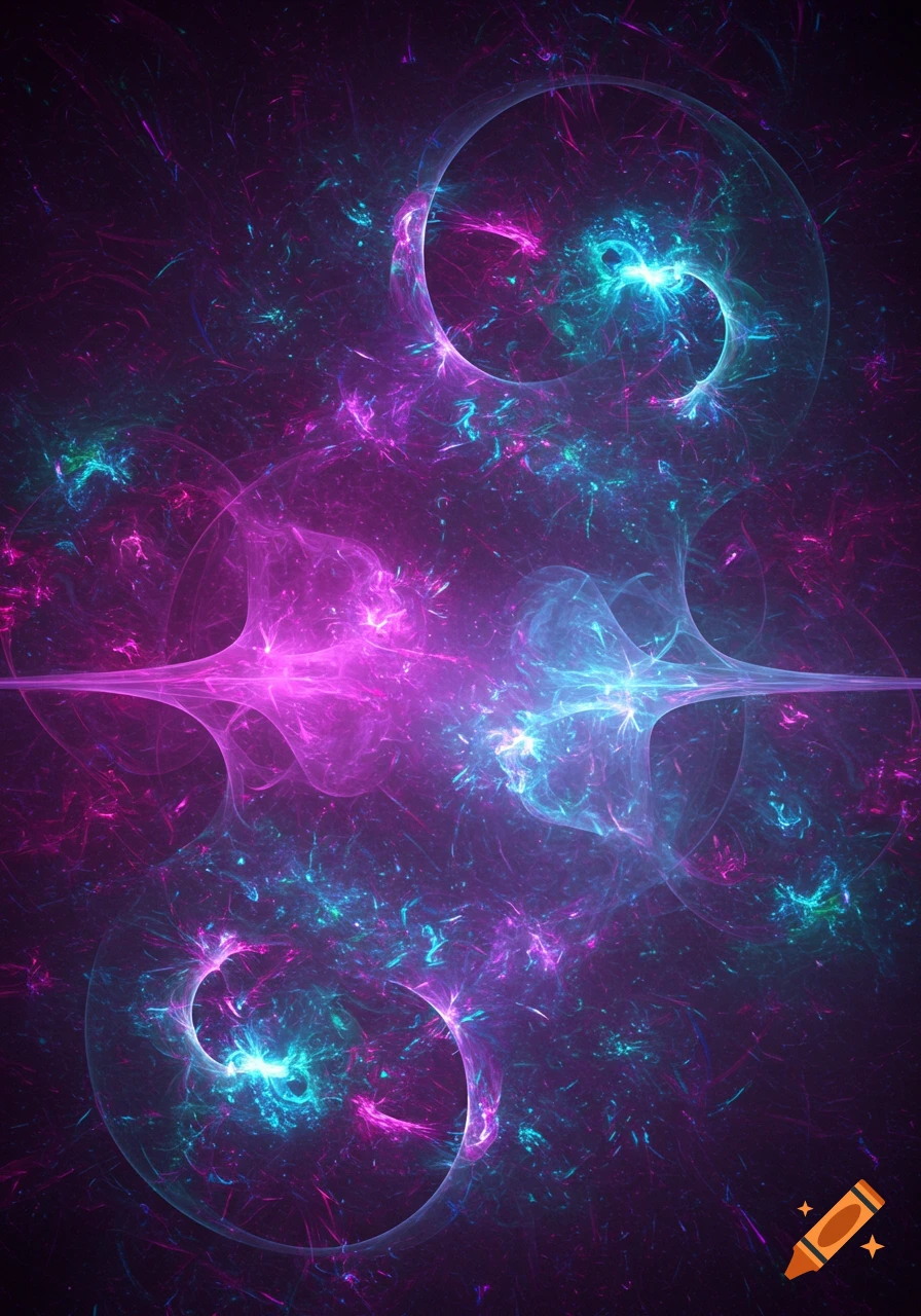 An abstract pattern of glowing pink, purple, and blue light swirling against a dark background, resembling cosmic energy.