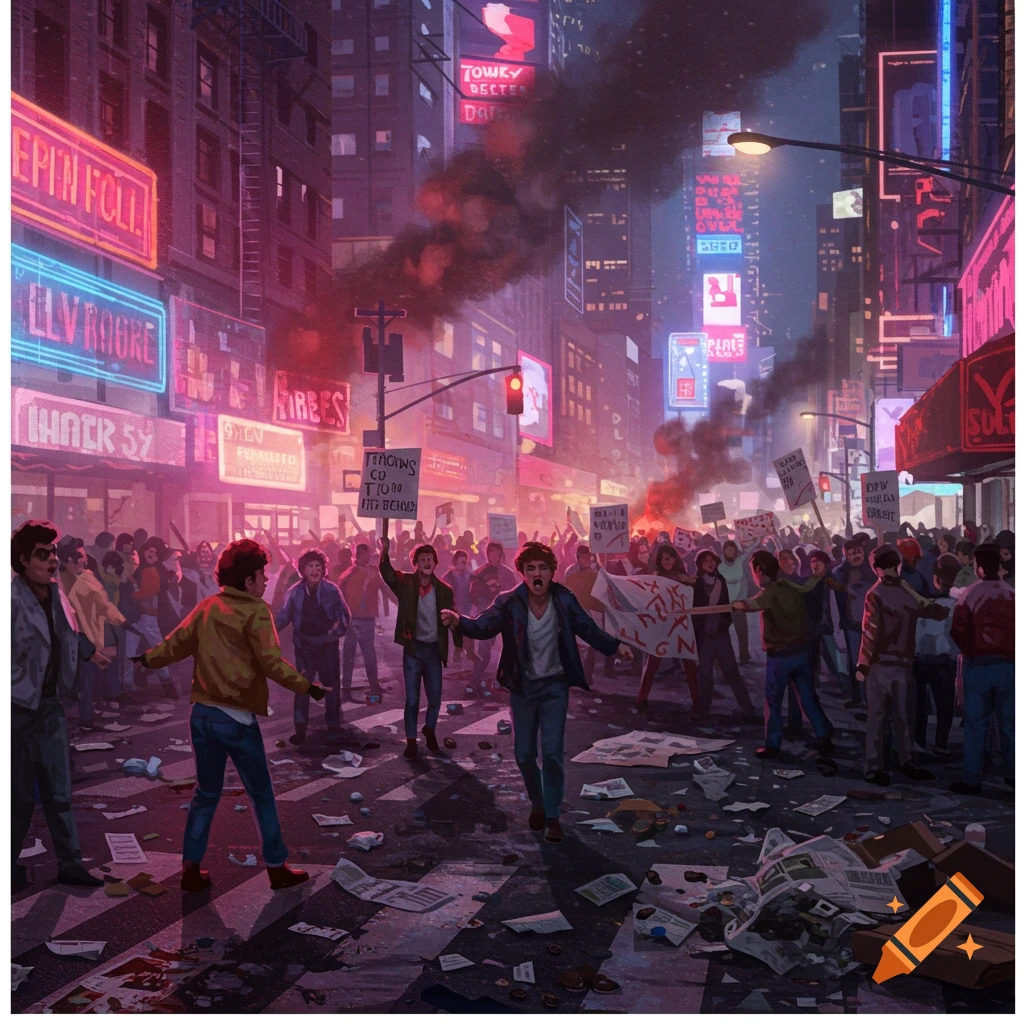A stylized depiction of a 1980s New York City riot, with a large crowd, smoke, debris, and neon signs on buildings at night.