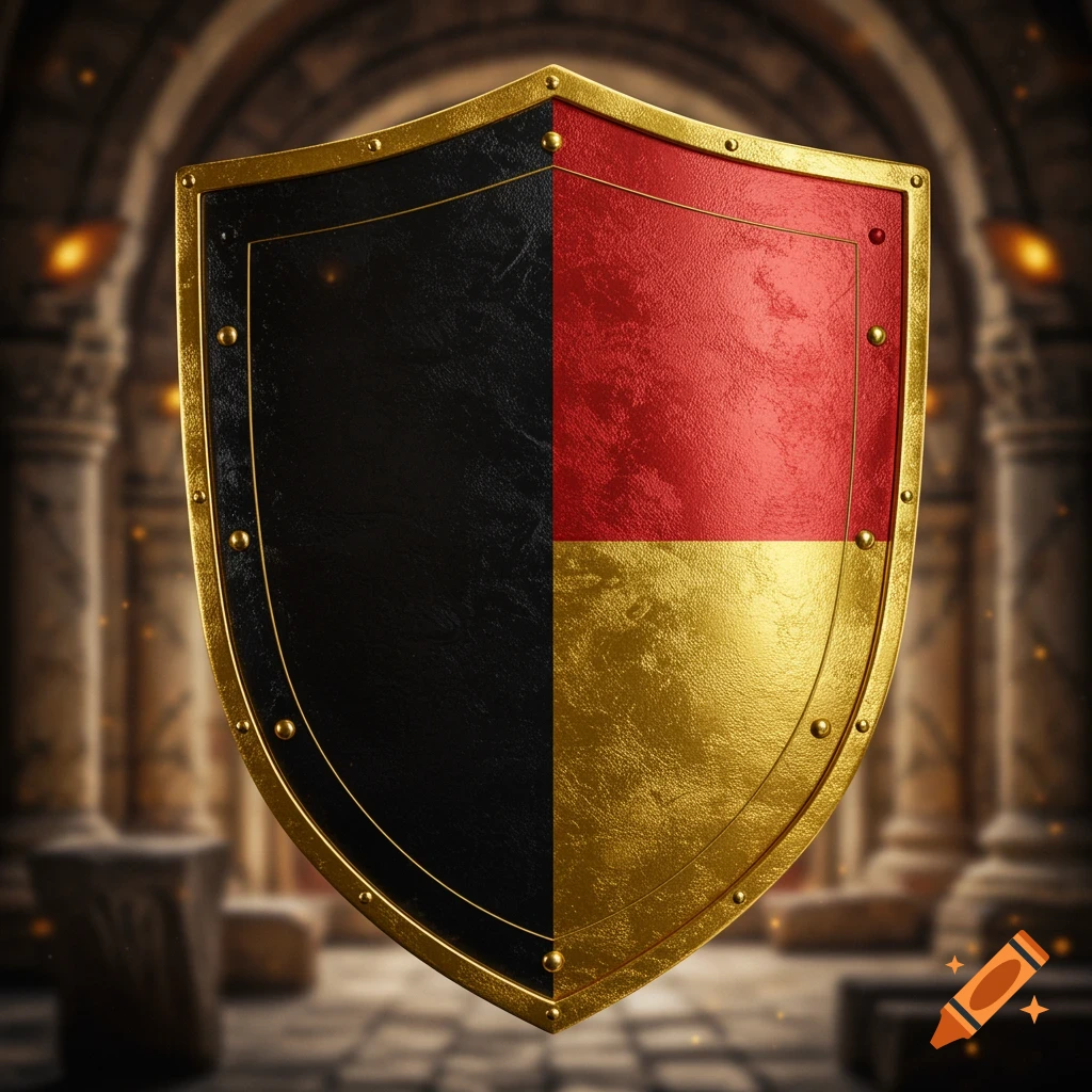 A medieval-style shield quartered in black top-left, red top-right, and gold bottom, set in a stone archway.