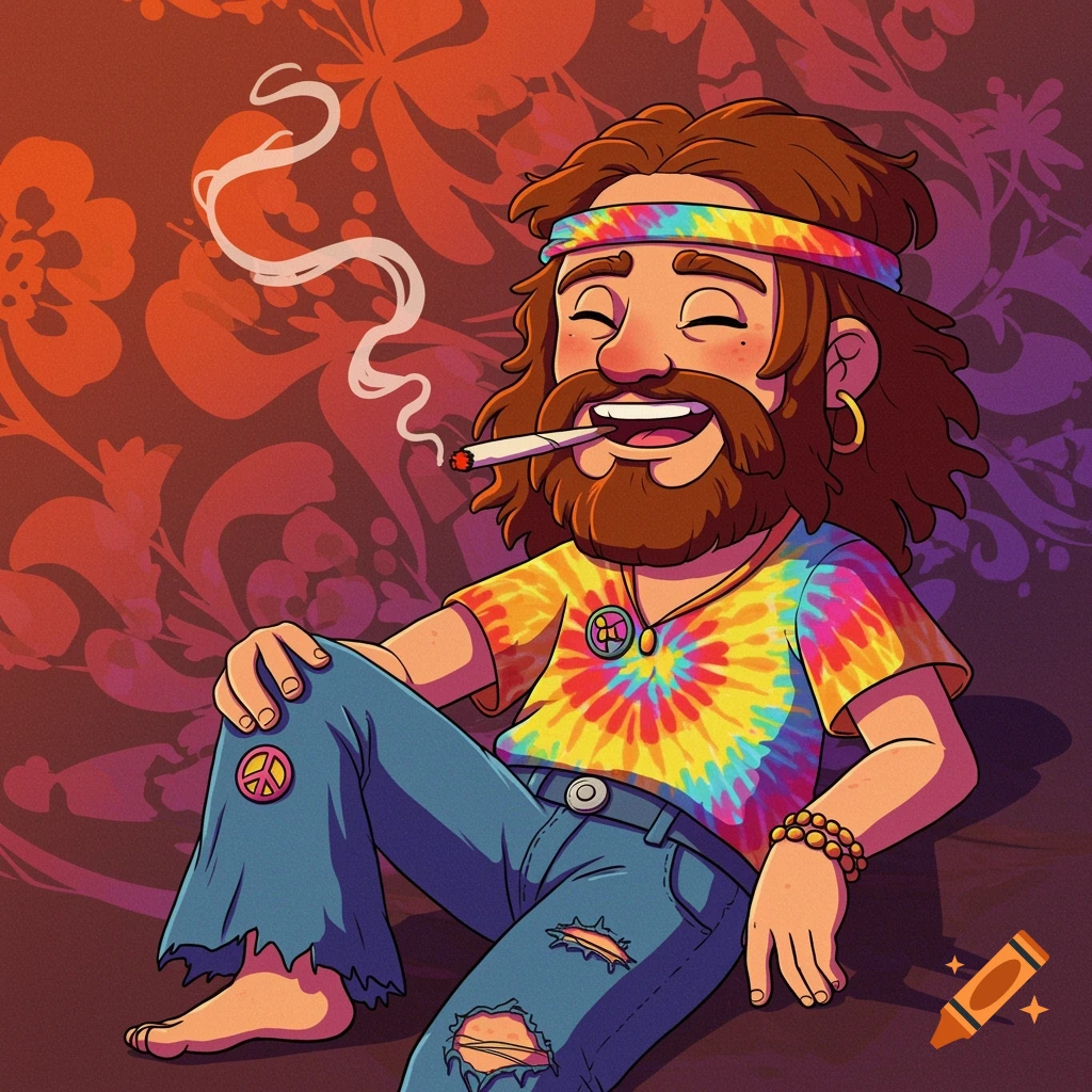 A smiling cartoon hippie man with a beard and long hair, wearing a tie-dye shirt, ripped jeans, and headband, smoking a joint.
