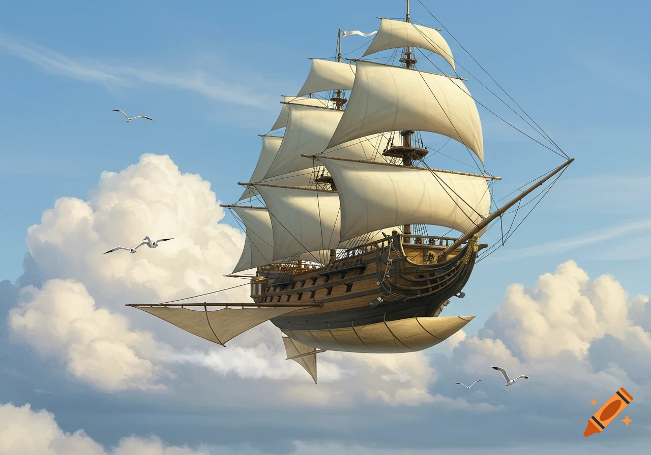 A large, detailed wooden sailing frigate flies through a bright blue sky filled with white clouds and seagulls.