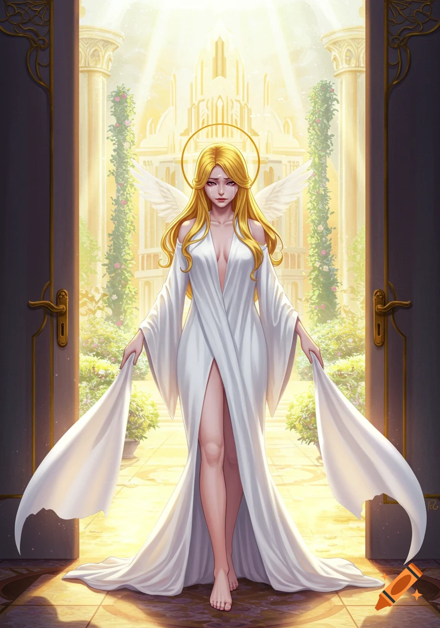An angelic figure with long golden hair and white wings stands in a flowing white gown in a bright, ethereal temple doorway.