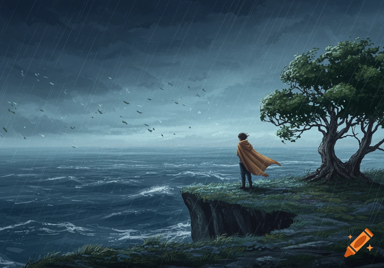 Digital painting of a figure in a cape on a cliff by a stormy sea and tree in the rain.