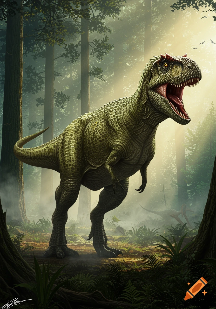 A large green dinosaur with red crests roars in a misty, sunlit prehistoric forest.
