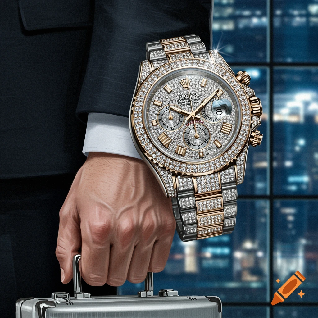 A man in a suit wears a large, diamond-encrusted gold and silver watch while holding a silver briefcase against a blurred city lights background.